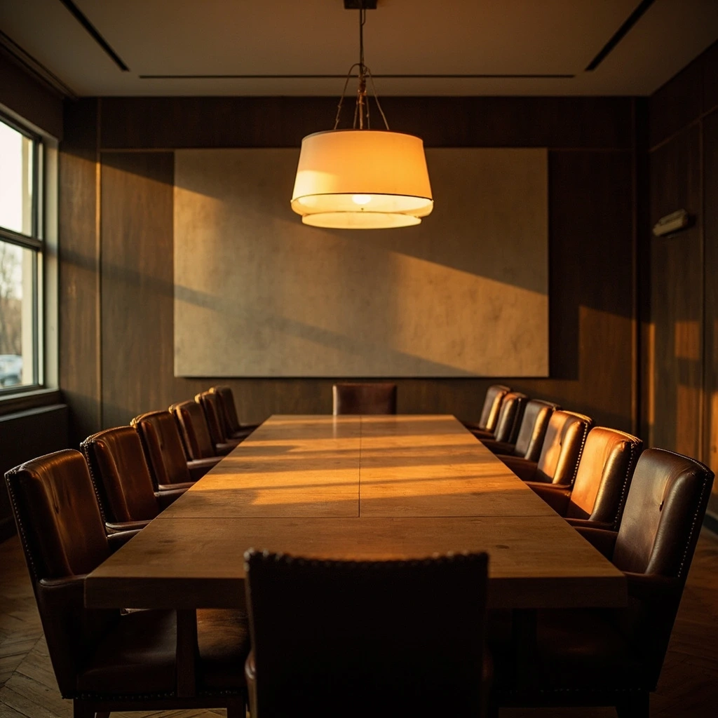 Editorial photograph of an empty partner conference room at golden hour