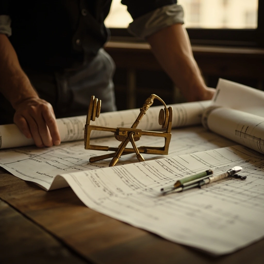 Surveyor's transit on a workbench with a folded blueprint
